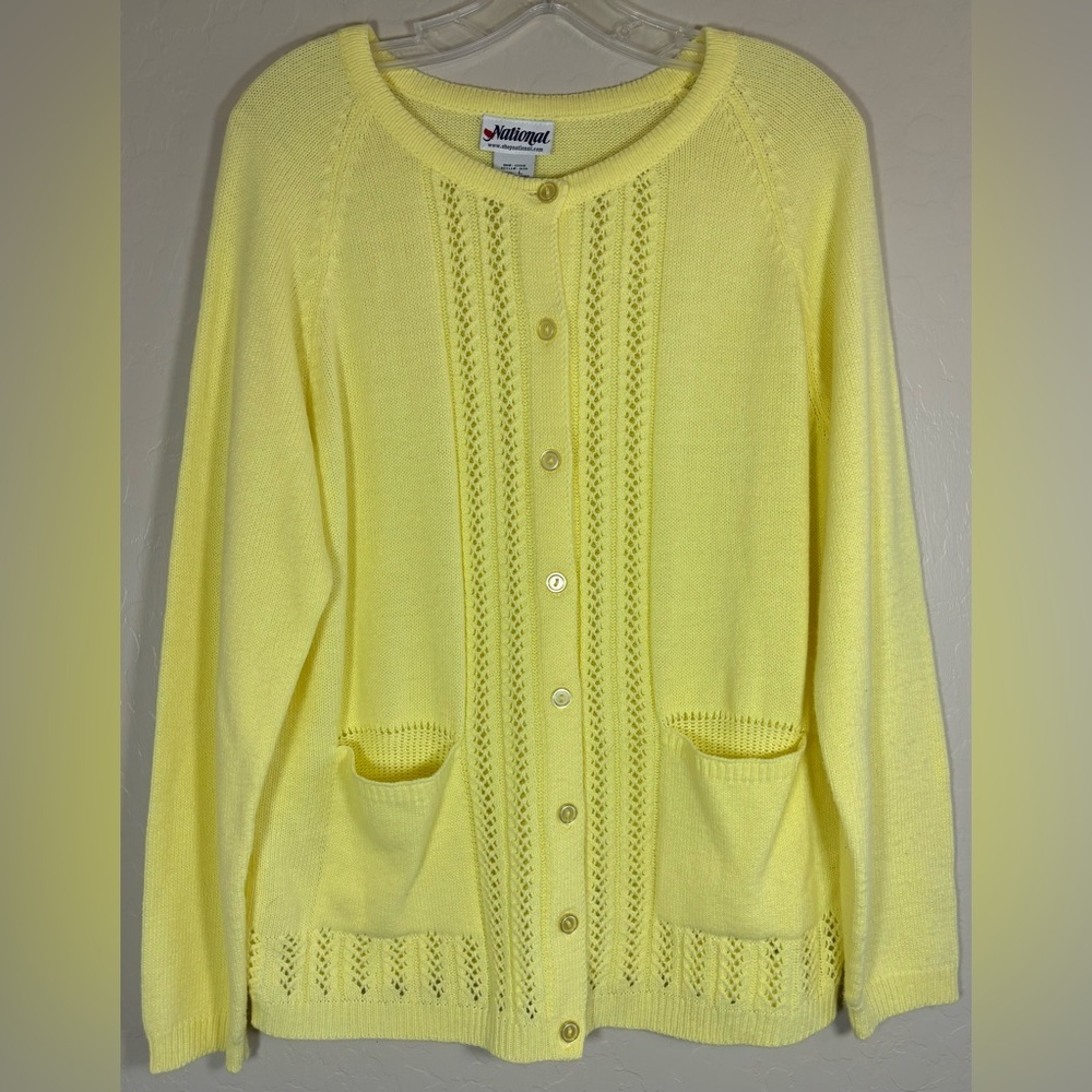 Vintage National Yellow Cardigan Pockets Cottage‎ Grandma Soft L 0361